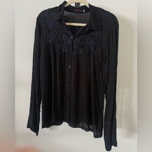 Johnny Was Black Button Down Shirt with Embroidery